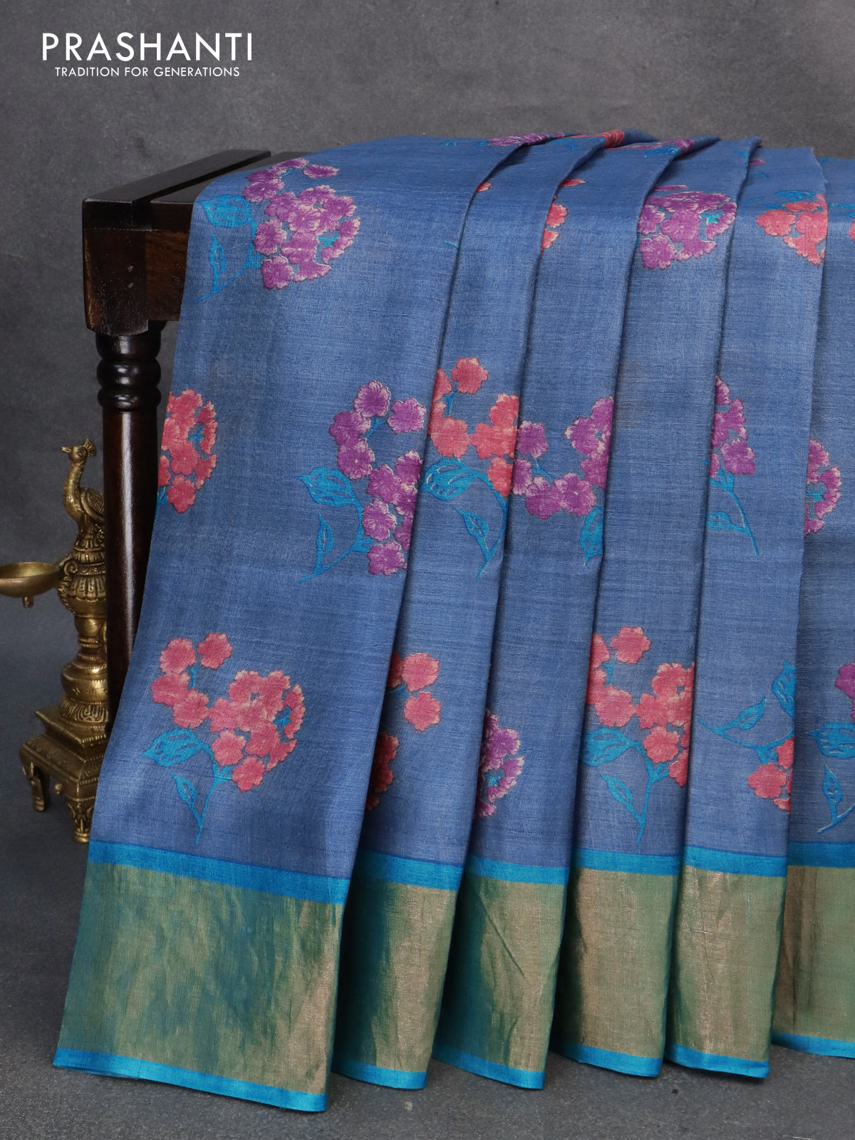 Powder Blue Tussar Silk Saree with Prints in 2024 | Tussar silk saree, Silk  sarees, Saree