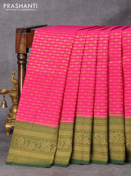 Banarasi semi crepe silk saree pink and green with allover zari weaves and zari woven border - {{ collection.title }} by Prashanti Sarees