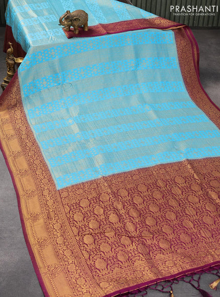 Banarasi semi crepe silk saree light blue and purple with allover zari weaves and zari woven border - {{ collection.title }} by Prashanti Sarees