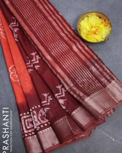 Binny Silk saree orange and deep maroon with allover batik prints and zari woven border - {{ collection.title }} by Prashanti Sarees
