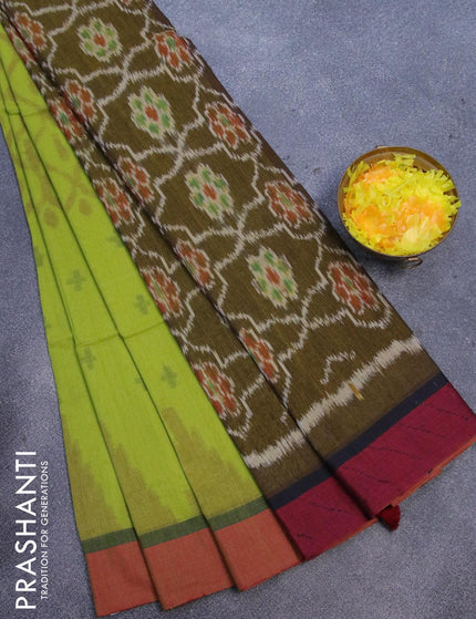 Bengal soft cotton saree light green and maroon with thread woven buttas and simple border - {{ collection.title }} by Prashanti Sarees