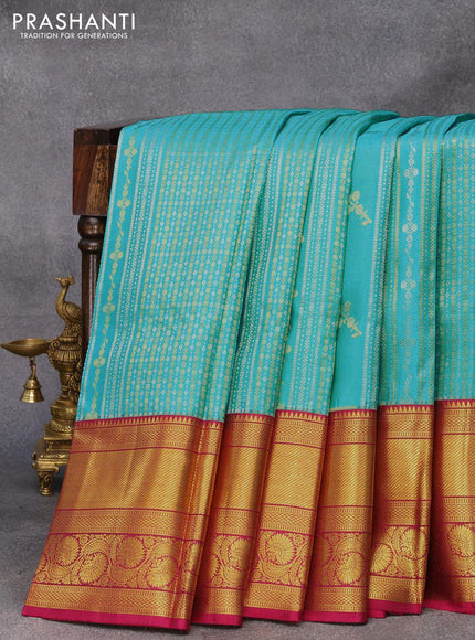 Pure kanjivaram silk saree light blue and dark magenta pink with allover silver & gold zari weaves and long zari woven floral border