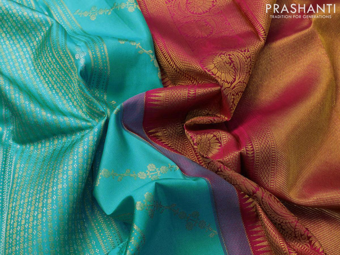 Pure kanjivaram silk saree light blue and dark magenta pink with allover silver & gold zari weaves and long zari woven floral border