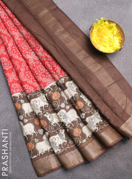 Bhagalpuri saree red and brown with allover bandhani prints and long pichwai printed zari woven border - {{ collection.title }} by Prashanti Sarees