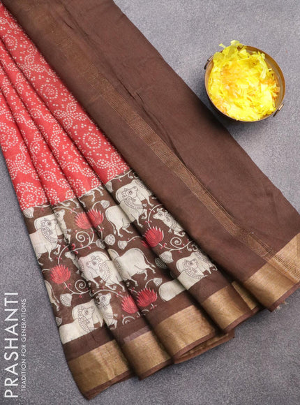 Bhagalpuri saree red and brown with allover bandhani prints and long pichwai printed zari woven border - {{ collection.title }} by Prashanti Sarees