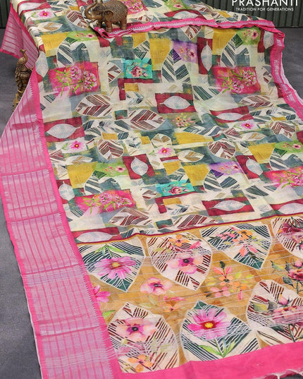 Mangalgiri silk cotton saree cream and pink with allover floral prints and silver zari woven border - {{ collection.title }} by Prashanti Sarees