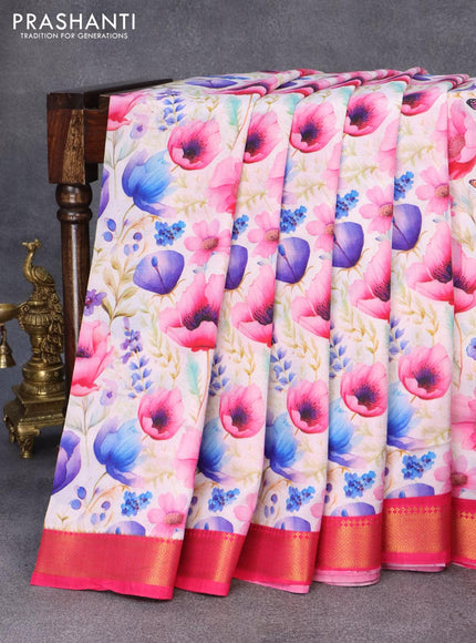 Mangalgiri silk cotton saree off white and pink with allover floral prints and zari woven border - {{ collection.title }} by Prashanti Sarees