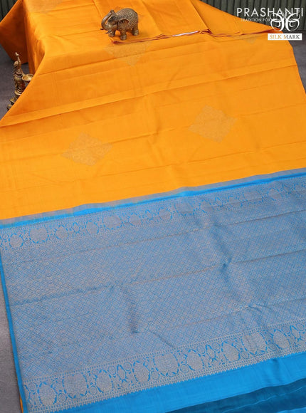 Pure kanjivaram silk saree mustard yellow and dual shade of teal bluish green with zari woven buttas in borderless style