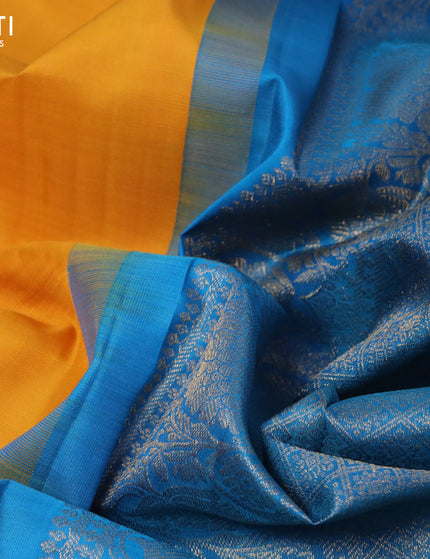 Pure kanjivaram silk saree mustard yellow and dual shade of teal bluish green with zari woven buttas in borderless style