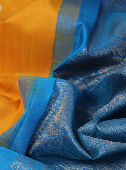 Pure kanjivaram silk saree mustard yellow and dual shade of teal bluish green with zari woven buttas in borderless style