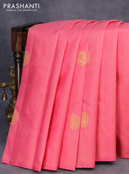 Pure kanjivaram silk saree pink and blue with allover zari weaves & paisley zari buttas in borderless style