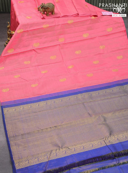 Pure kanjivaram silk saree pink and blue with allover zari weaves & paisley zari buttas in borderless style