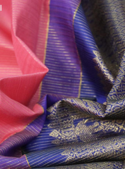 Pure kanjivaram silk saree pink and blue with allover zari weaves & paisley zari buttas in borderless style