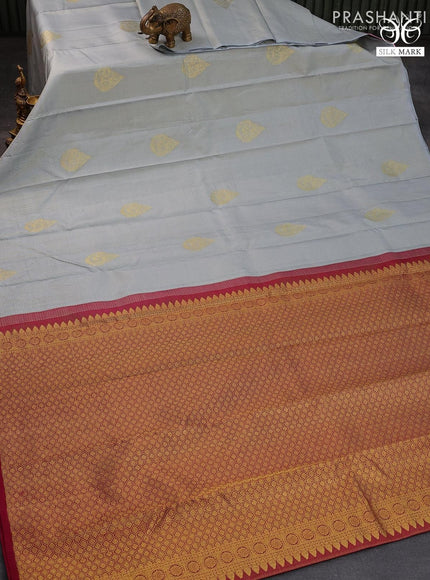 Pure kanjivaram silk saree grey and maroon with allover zari weaves & zari buttas in borderless style