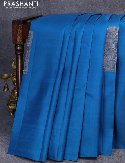 Pure kanjivaram silk saree cs blue and maroon with zari woven box type buttas in borderless style