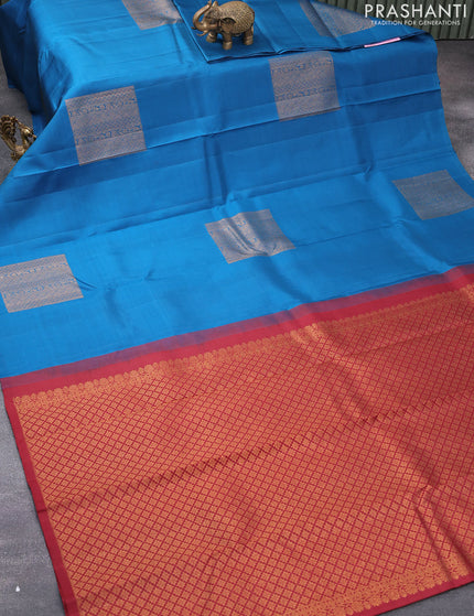 Pure kanjivaram silk saree cs blue and maroon with zari woven box type buttas in borderless style