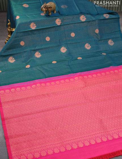 Pure kanjivaram silk saree dual shade of teal bluish green and pink with allover small zari checks & buttas in borderless style