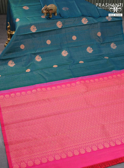 Pure kanjivaram silk saree dual shade of teal bluish green and pink with allover small zari checks & buttas in borderless style