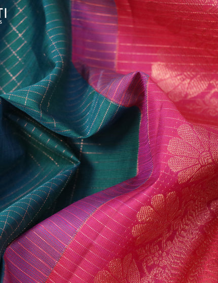 Pure kanjivaram silk saree dual shade of teal bluish green and pink with allover small zari checks & buttas in borderless style