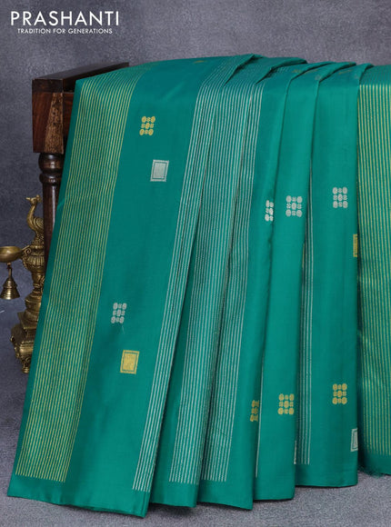 Pure kanjivaram silk saree teal green and peach orange with allover silver & gold zari weaves in borderless style