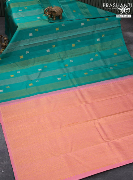 Pure kanjivaram silk saree teal green and peach orange with allover silver & gold zari weaves in borderless style