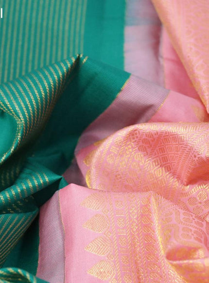 Pure kanjivaram silk saree teal green and peach orange with allover silver & gold zari weaves in borderless style