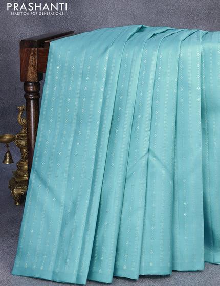 Pure kanjivaram silk saree light blue and blue with allover silver zari weaves in borderless style