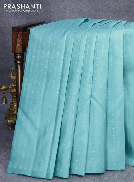 Pure kanjivaram silk saree light blue and blue with allover silver zari weaves in borderless style