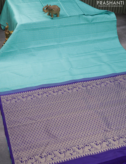 Pure kanjivaram silk saree light blue and blue with allover silver zari weaves in borderless style