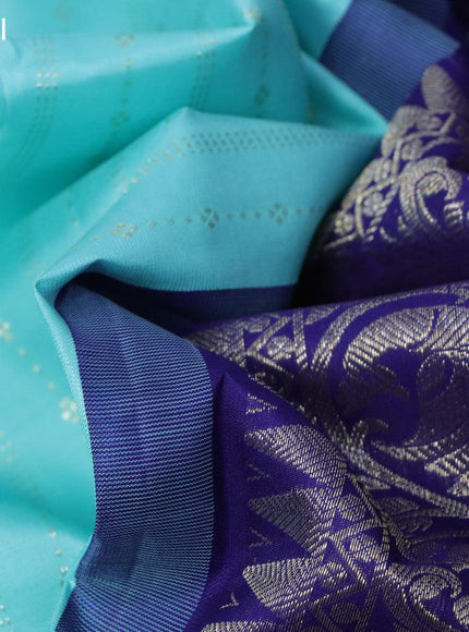 Pure kanjivaram silk saree light blue and blue with allover silver zari weaves in borderless style