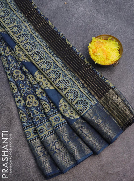 Dola silk saree blue with allover ajrakh prints and zari woven floral border - {{ collection.title }} by Prashanti Sarees