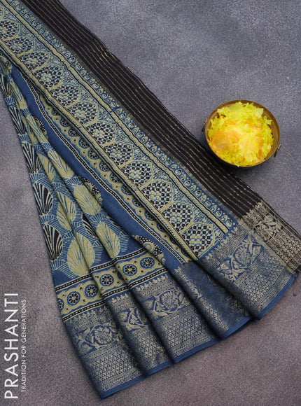 Dola silk saree blue with allover ajrakh prints and zari woven floral border - {{ collection.title }} by Prashanti Sarees