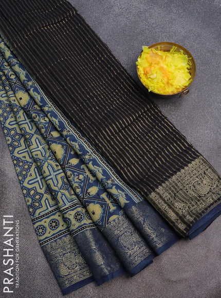 Dola silk saree blue with allover ajrakh prints and zari woven floral border - {{ collection.title }} by Prashanti Sarees