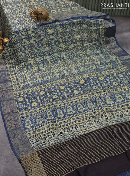 Dola silk saree blue with allover ajrakh prints and zari woven floral border - {{ collection.title }} by Prashanti Sarees