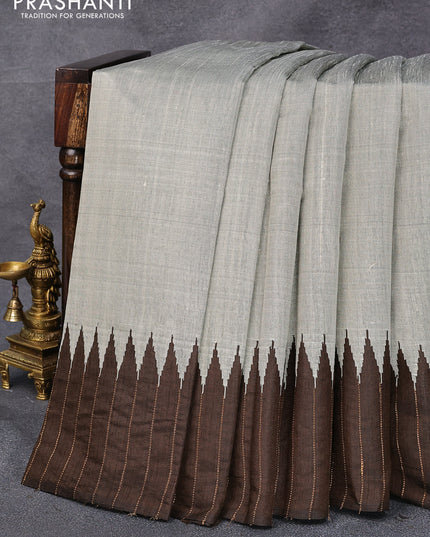 Dupion silk saree grey and dark sap green with plain body and temple design zari woven simple border