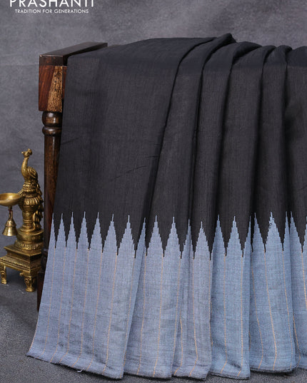 Dupion silk saree black and grey with plain body and temple design zari woven simple border