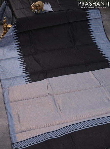 Dupion silk saree black and grey with plain body and temple design zari woven simple border