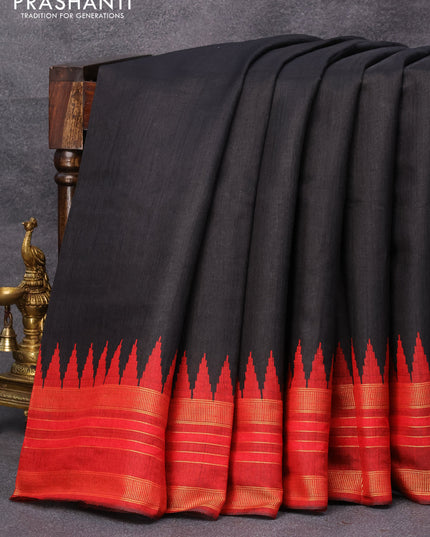 Dupion silk saree black and maroon with plain body and temple design zari woven border