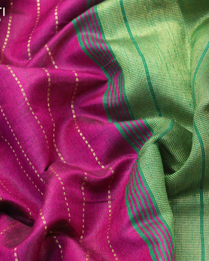 Dupion silk saree magenta pink and green with allover zari woven stripes pattern and zari woven simple border
