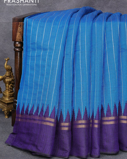 Dupion silk saree cs blue and dark blue with allover zari woven stripes pattern and zari woven simple border