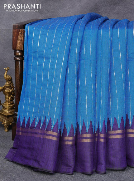 Dupion silk saree cs blue and dark blue with allover zari woven stripes pattern and zari woven simple border