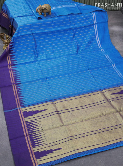 Dupion silk saree cs blue and dark blue with allover zari woven stripes pattern and zari woven simple border