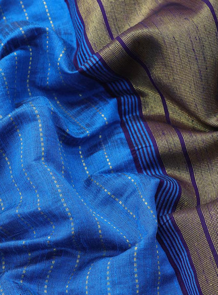 Dupion silk saree cs blue and dark blue with allover zari woven stripes pattern and zari woven simple border