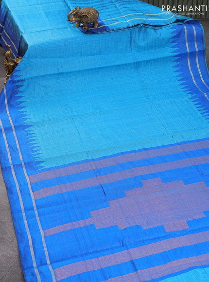 Dupion silk saree light blue and cs blue with plain body and temple design rettapet zari woven border