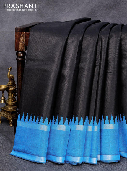 Dupion silk saree black and cs blue with plain body and temple design rettapet zari woven border