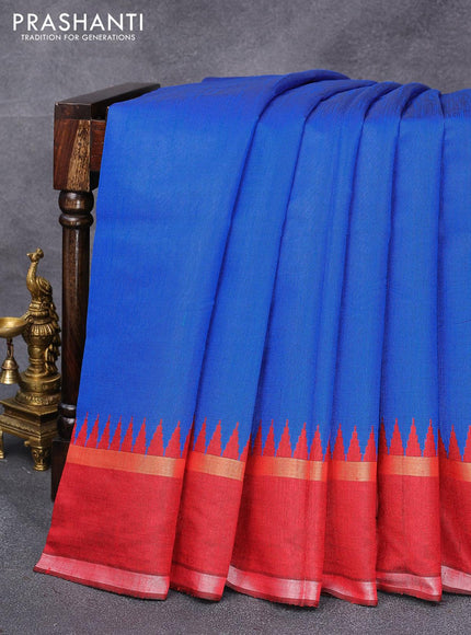 Dupion silk saree blue and maroon with plain body and temple design rettapet zari woven border