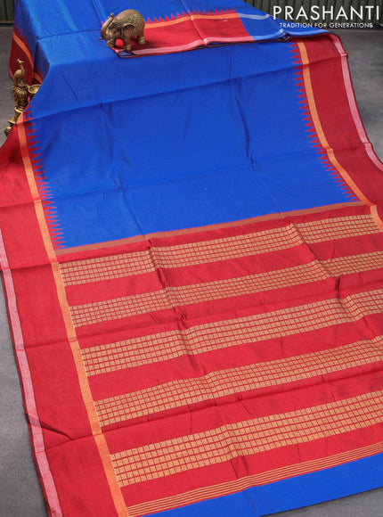 Dupion silk saree blue and maroon with plain body and temple design rettapet zari woven border