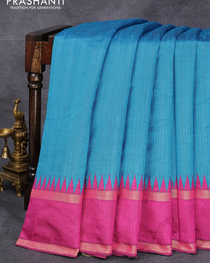 Dupion silk saree blue and magenta pink with plain body and temple design rettapet zari woven border