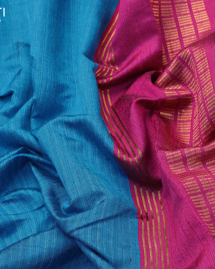 Dupion silk saree blue and magenta pink with plain body and temple design rettapet zari woven border