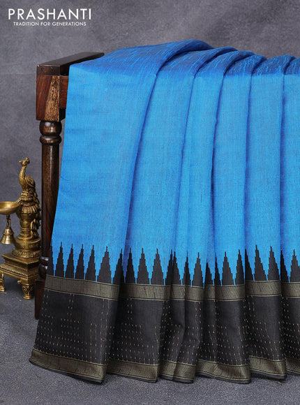 Dupion silk saree cs blue and black with plain body and temple design rettapet zari woven border